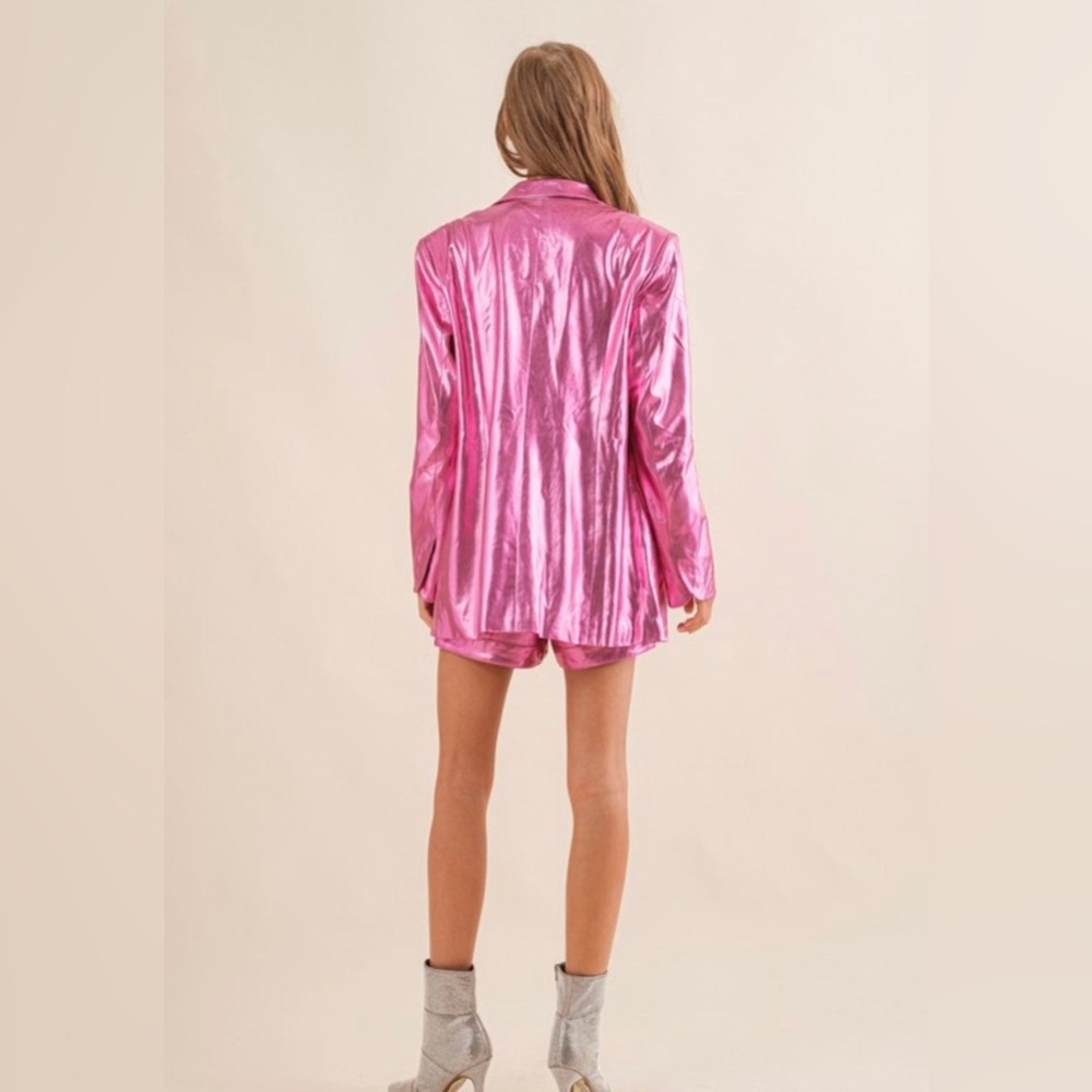 Blue B. Collection Hot Pink Metallic Faux Leather Blazer & Shorts Set - Picture 3 of 6